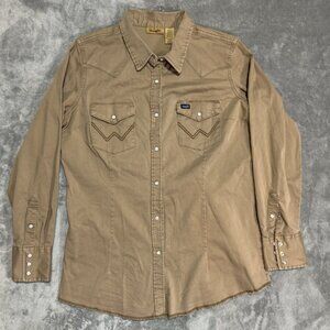Wrangler Retro Shirt Womens L Khaki Western Pearl Snap Long Sleeve Buttons